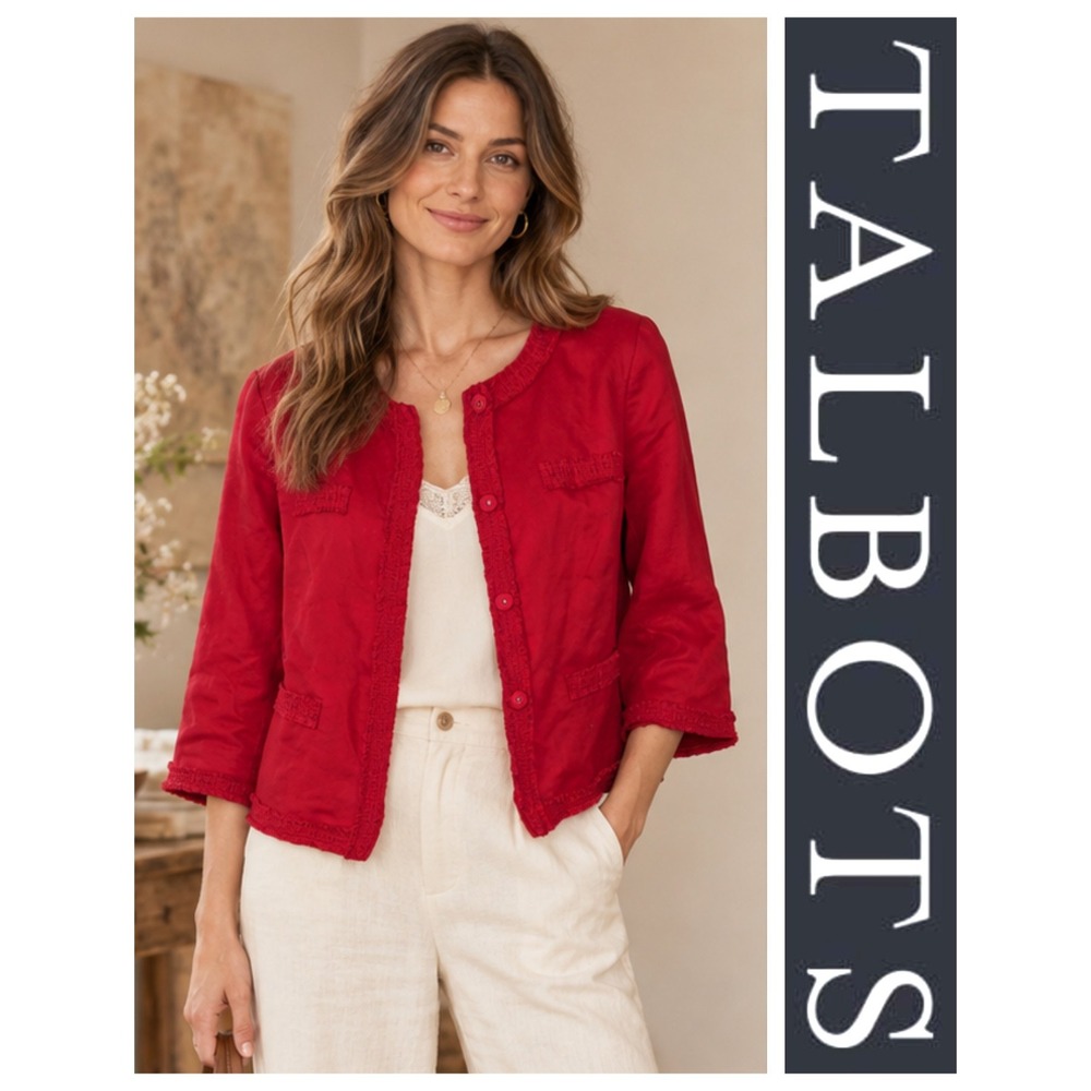 Talbots Red Linen Cotton Blend 3/4 Sleeve Short Jacket Size 10 NWT
